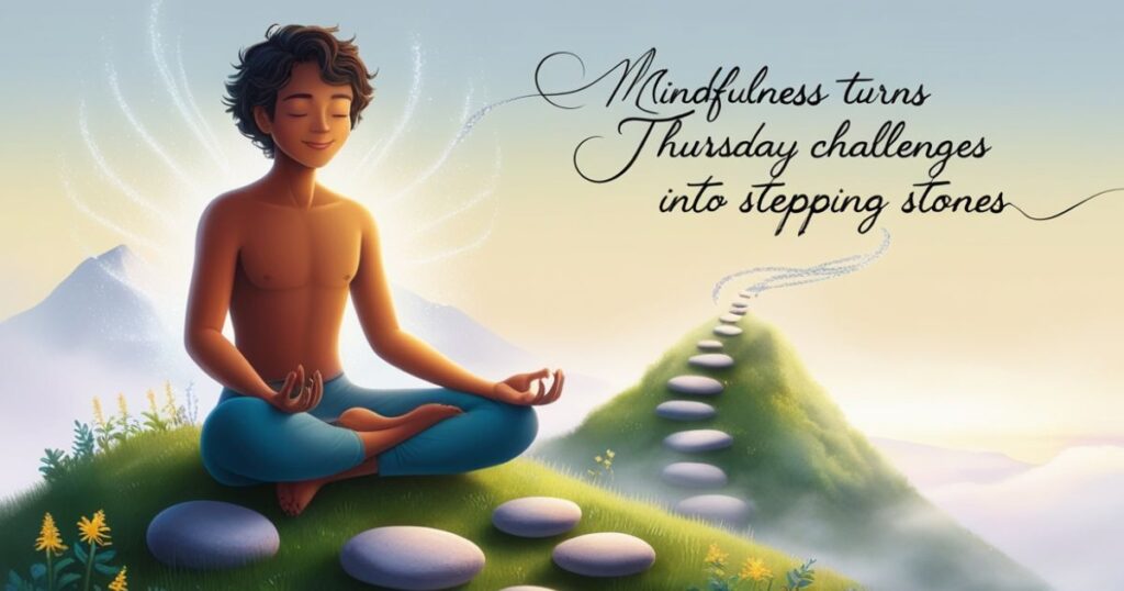 Thursday Positive Quotes " "Mindfulness turns Thursday challenges into stepping stones." 